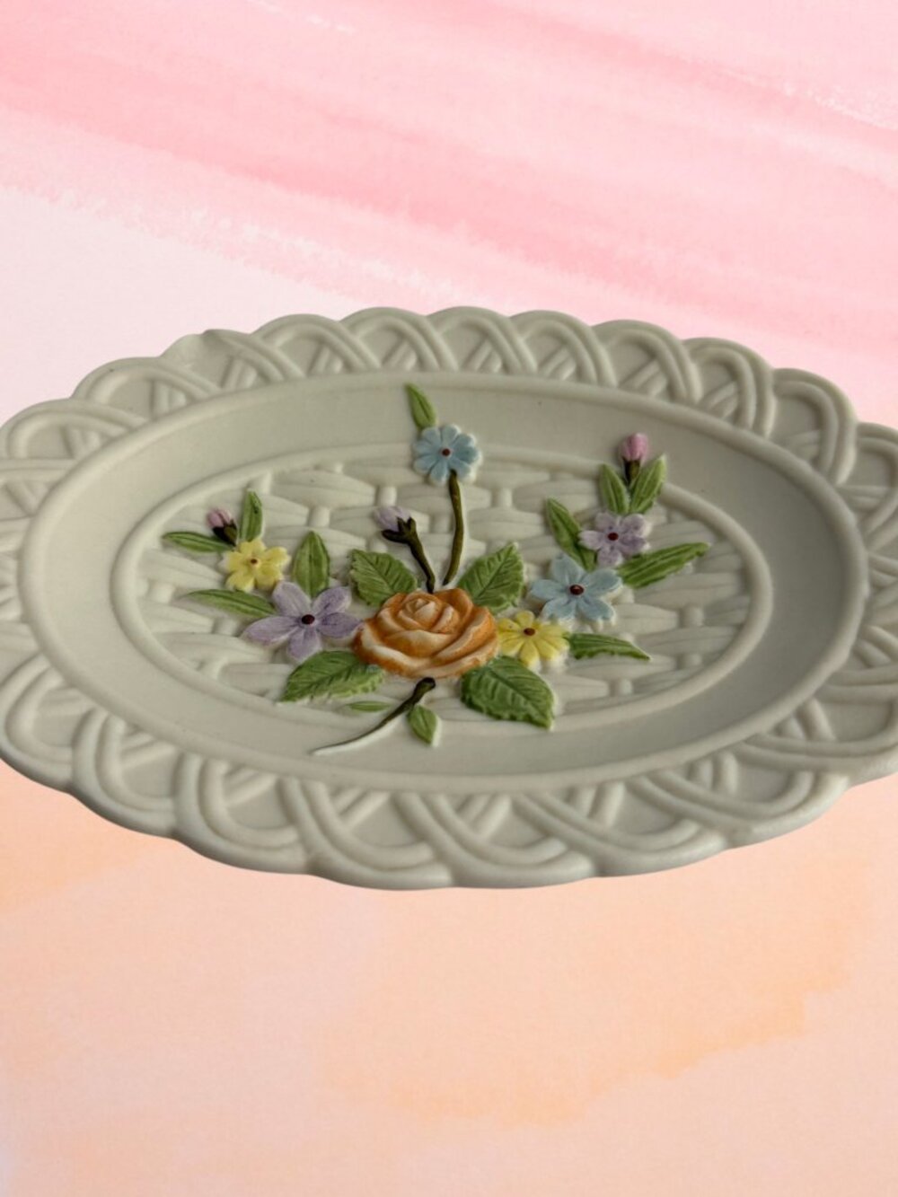 Lefton Vintage Trinket Dish Hand Painted Antique Ivory Raised Floral Flowers 6"